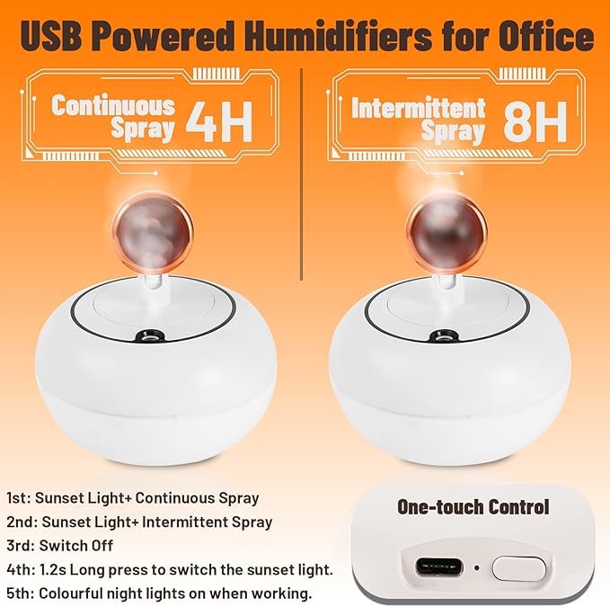 Portable Ultrasonic Humidifier With Sunset Light | 300 ml water Capacity Silent Humidifier For Children Room, Bedroom, Office Purifying Aromatherapy machine