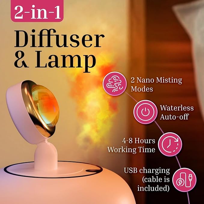 Portable Ultrasonic Humidifier With Sunset Light | 300 ml water Capacity Silent Humidifier For Children Room, Bedroom, Office Purifying Aromatherapy machine