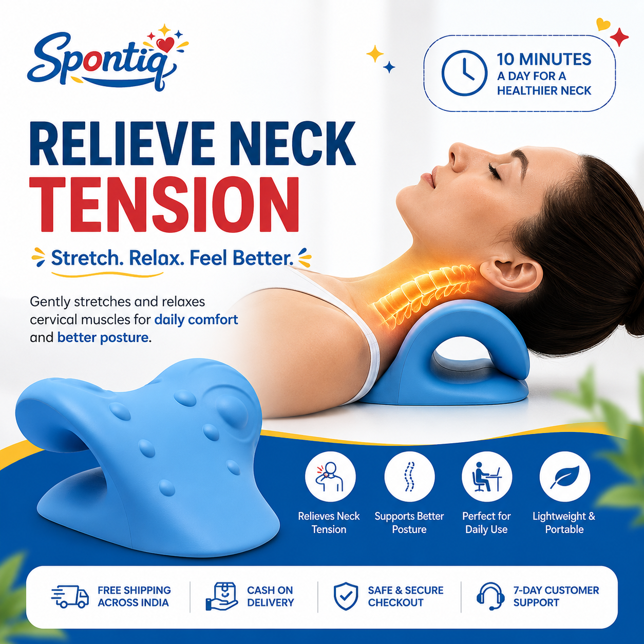 Spontiq Neck Stretcher for Pain Relief | Cervical Neck Support & Posture Corrector | Ergonomic Neck Relaxation Pillow