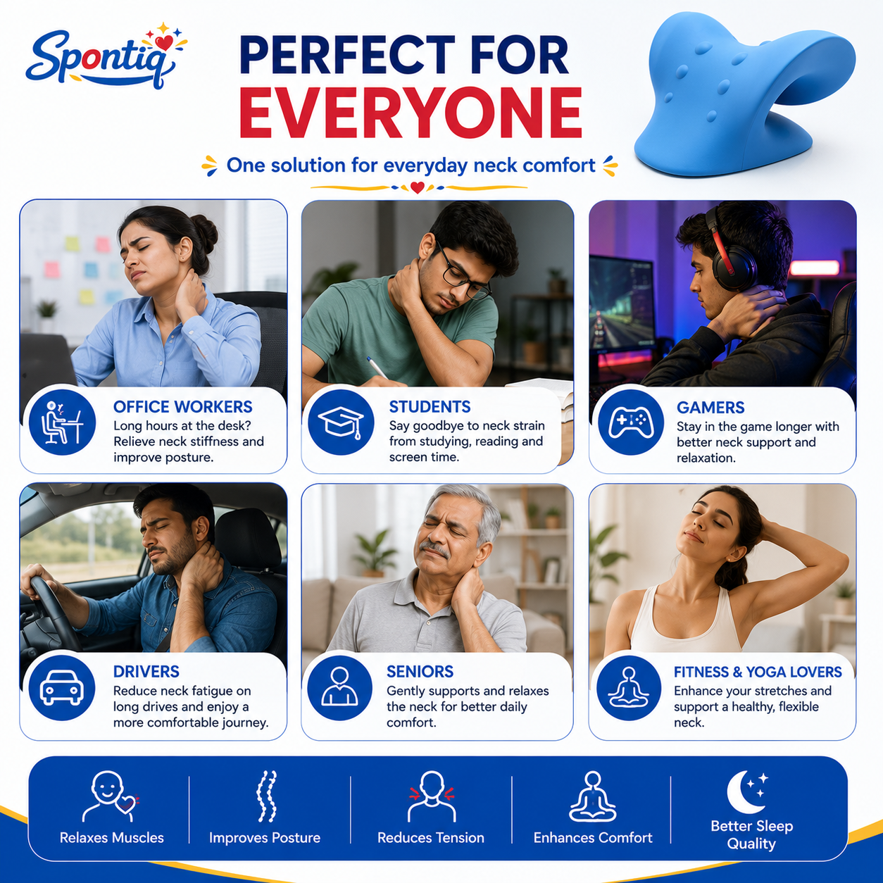 Spontiq Neck Stretcher for Pain Relief | Cervical Neck Support & Posture Corrector | Ergonomic Neck Relaxation Pillow