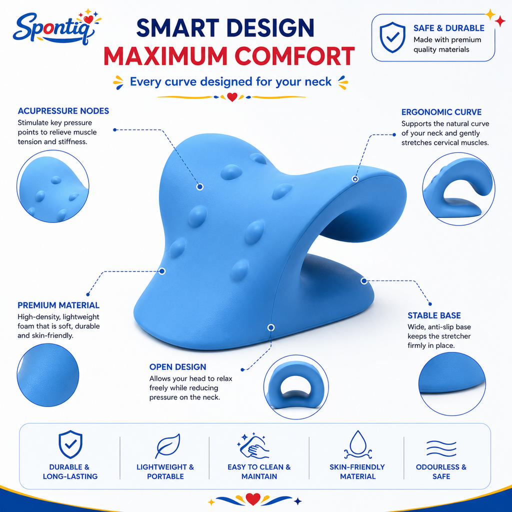 Spontiq Neck Stretcher for Pain Relief | Cervical Neck Support & Posture Corrector | Ergonomic Neck Relaxation Pillow