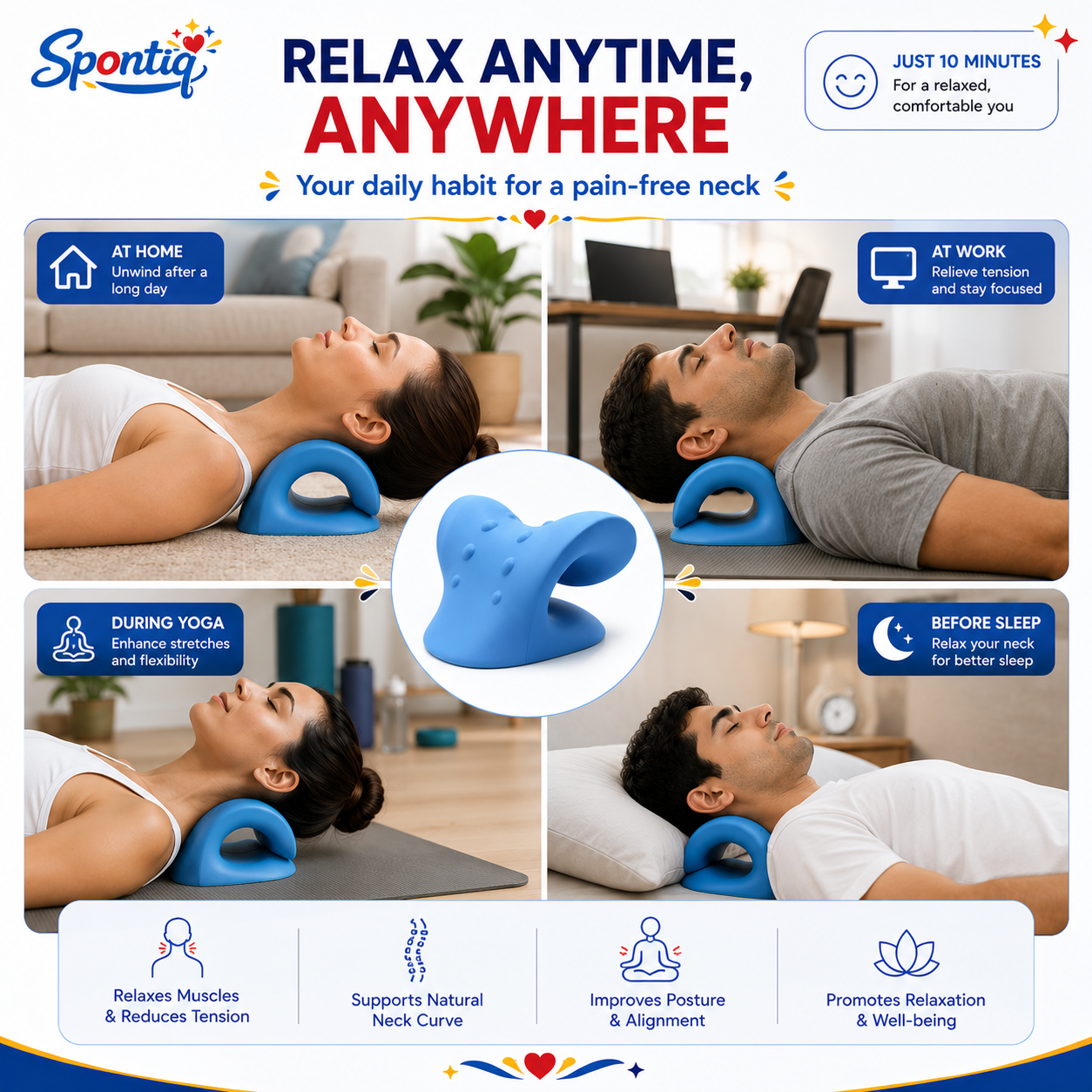Spontiq Neck Stretcher for Pain Relief | Cervical Neck Support & Posture Corrector | Ergonomic Neck Relaxation Pillow