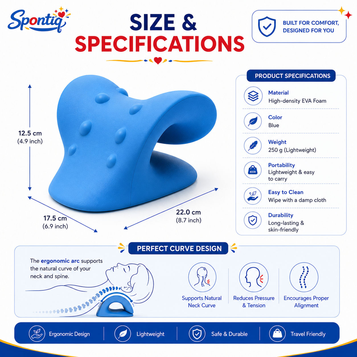 Spontiq Neck Stretcher for Pain Relief | Cervical Neck Support & Posture Corrector | Ergonomic Neck Relaxation Pillow
