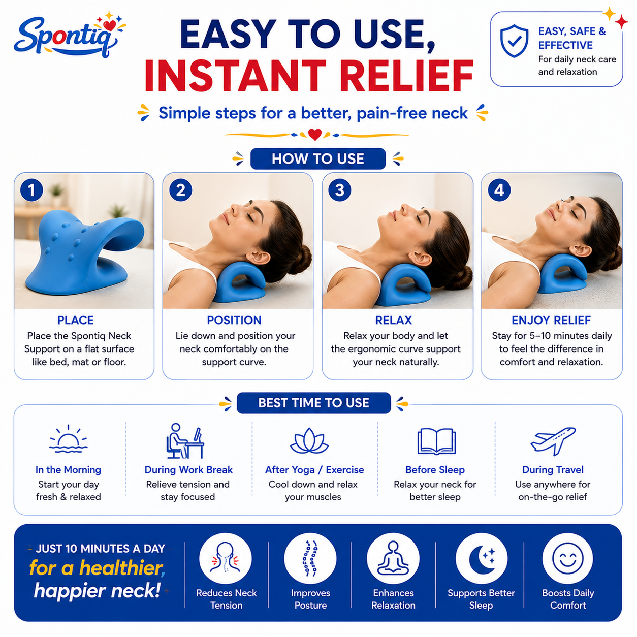 Spontiq Neck Stretcher for Pain Relief | Cervical Neck Support & Posture Corrector | Ergonomic Neck Relaxation Pillow