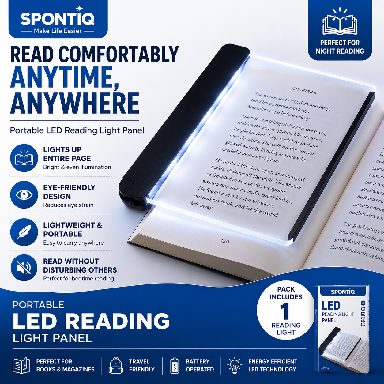 Spontiq Book Light Panel | Eye-Friendly Night Reading Light