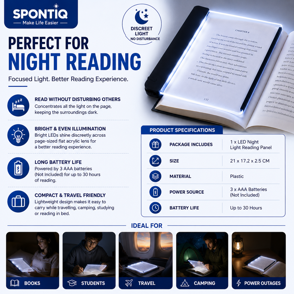 Spontiq Book Light Panel | Eye-Friendly Night Reading Light