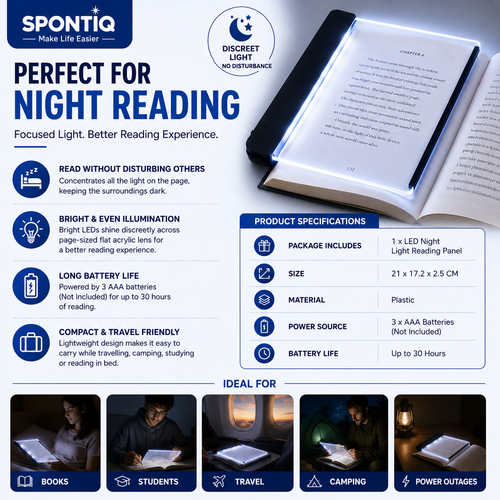 Spontiq Book Light Panel | Eye-Friendly Night Reading Light