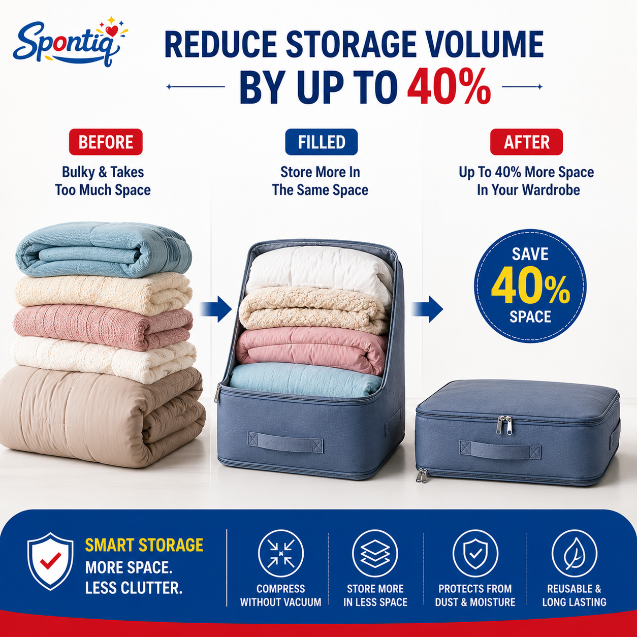 Spontiq Self-Compression Storage Organizer | Save Up To 40% Space Without Vacuum