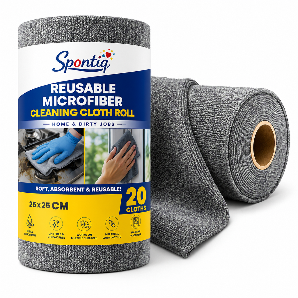 Spontiq Reusable Microfiber Cleaning Roll | Ultra Absorbent Multi-Surface Cleaning Cloths | Washable, Lint-Free & Streak-Free | 20 Sheets