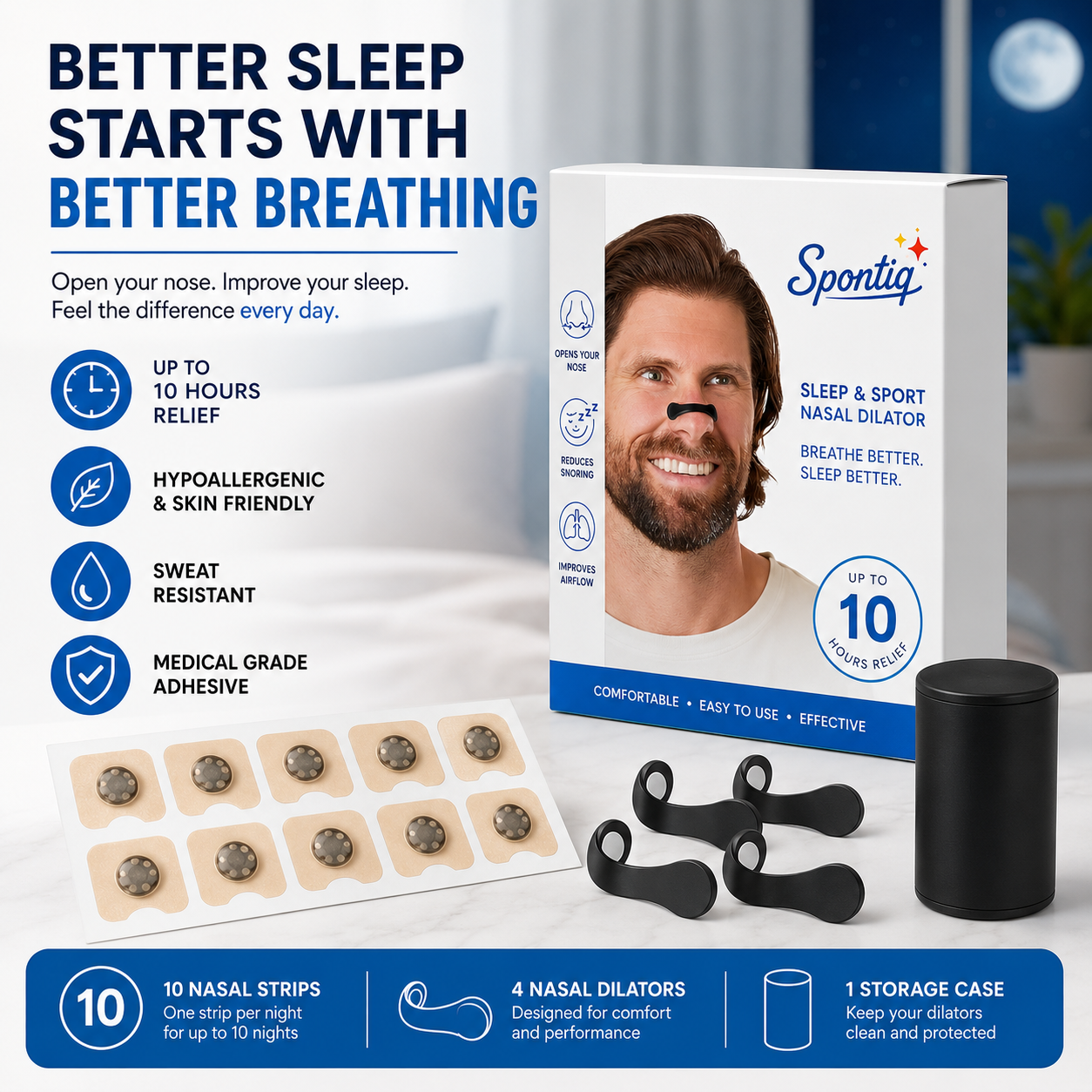 Spontiq Nasal Dilator Breathing Kit | Reusable Nasal Dilators & Adhesive Strips | Comfortable Day & Night Use