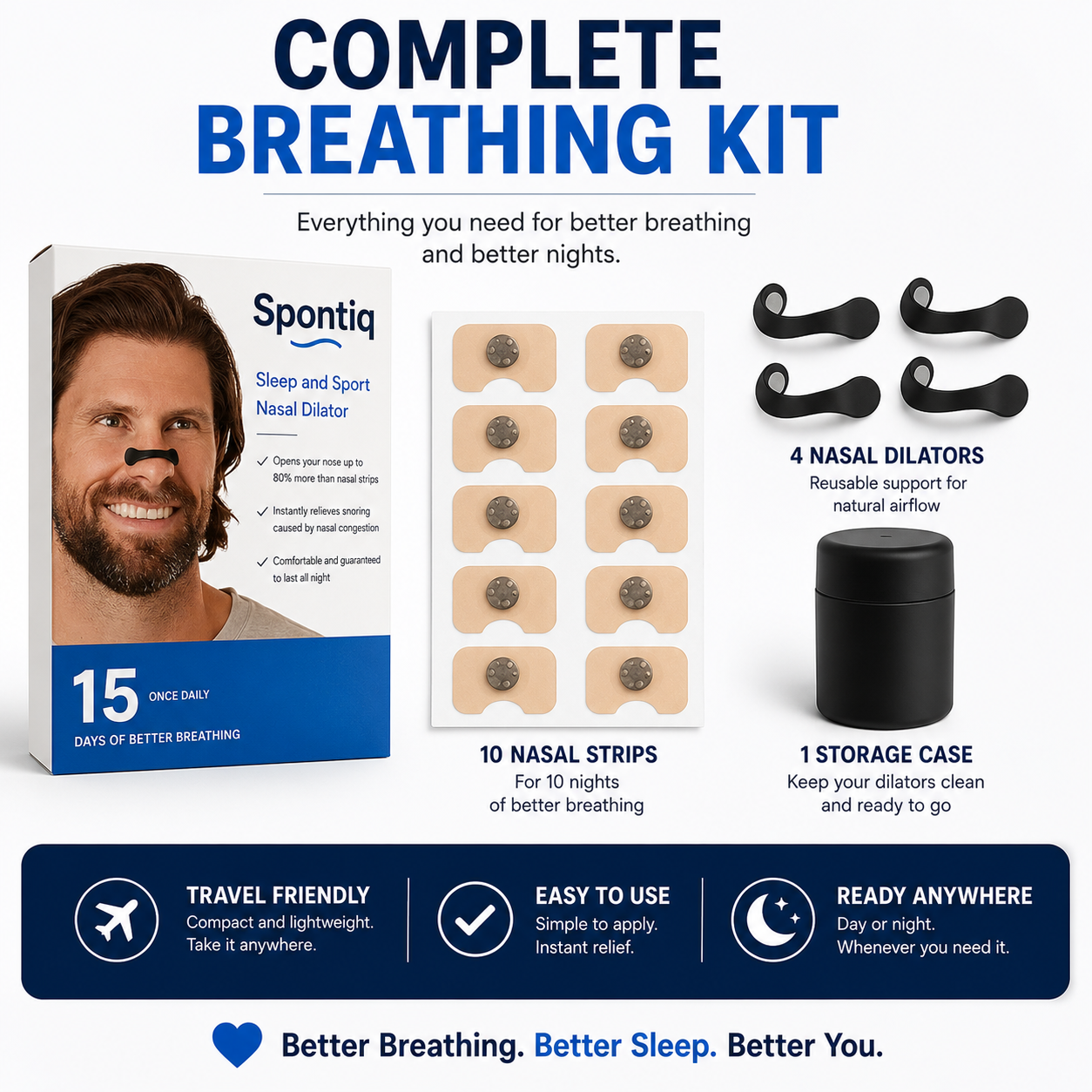 Spontiq Nasal Dilator Breathing Kit | Reusable Nasal Dilators & Adhesive Strips | Comfortable Day & Night Use