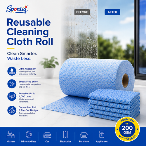 Spontiq Reusable Microfiber Cleaning Roll | Ultra Absorbent Multi-Surface Cleaning Cloths | Washable, Lint-Free & Streak-Free | 20 Sheets