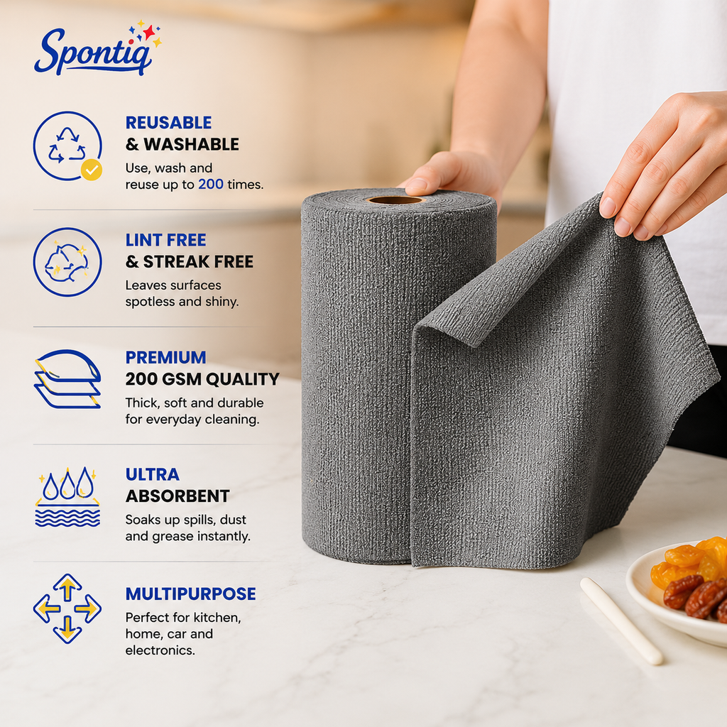Spontiq Reusable Microfiber Cleaning Roll | Ultra Absorbent Multi-Surface Cleaning Cloths | Washable, Lint-Free & Streak-Free | 20 Sheets