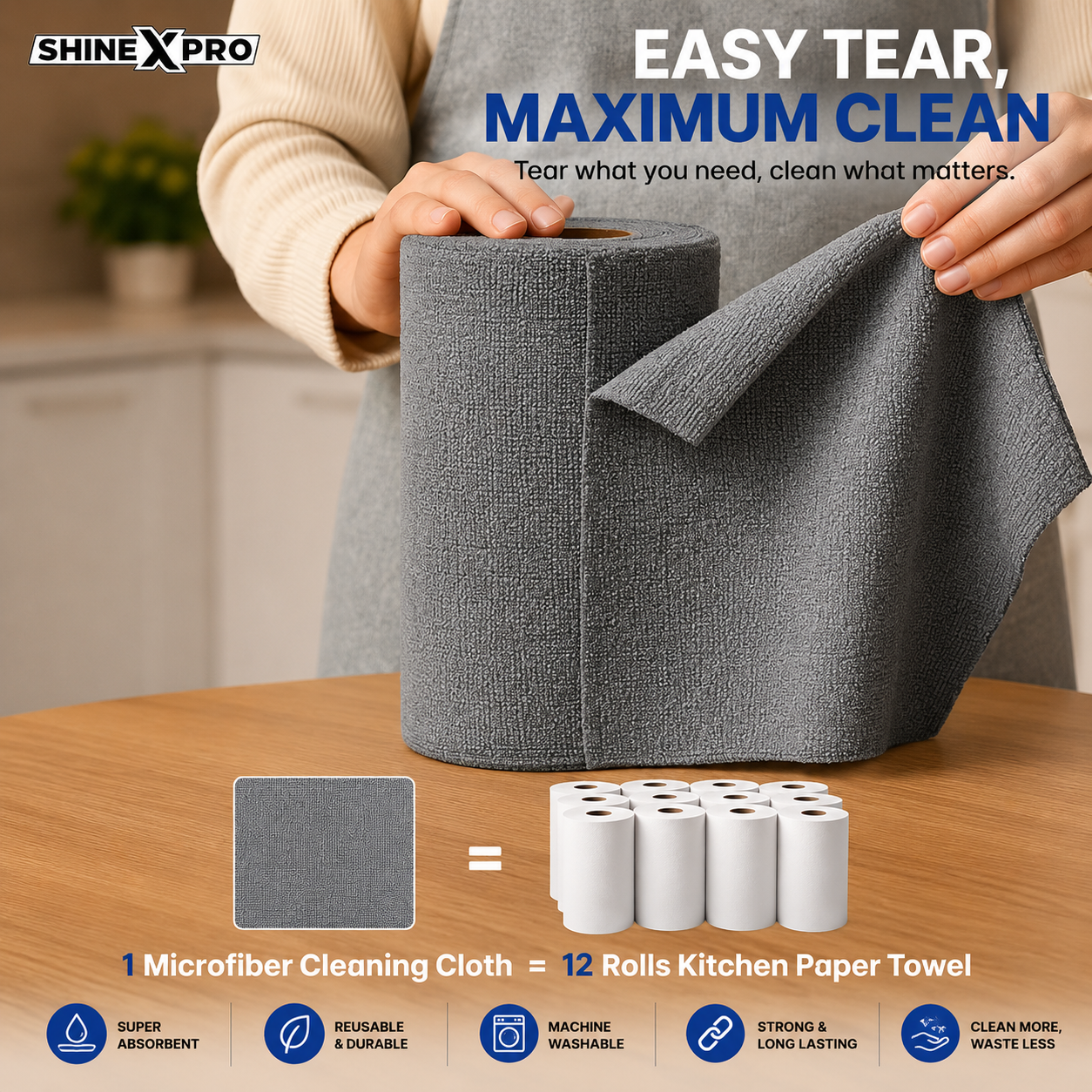 Spontiq Reusable Microfiber Cleaning Roll | Ultra Absorbent Multi-Surface Cleaning Cloths | Washable, Lint-Free & Streak-Free | 20 Sheets